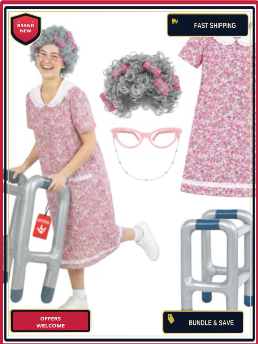 Unisex Granny Costume Old Lady Dress Wig Glasses Walker Adult Halloween
